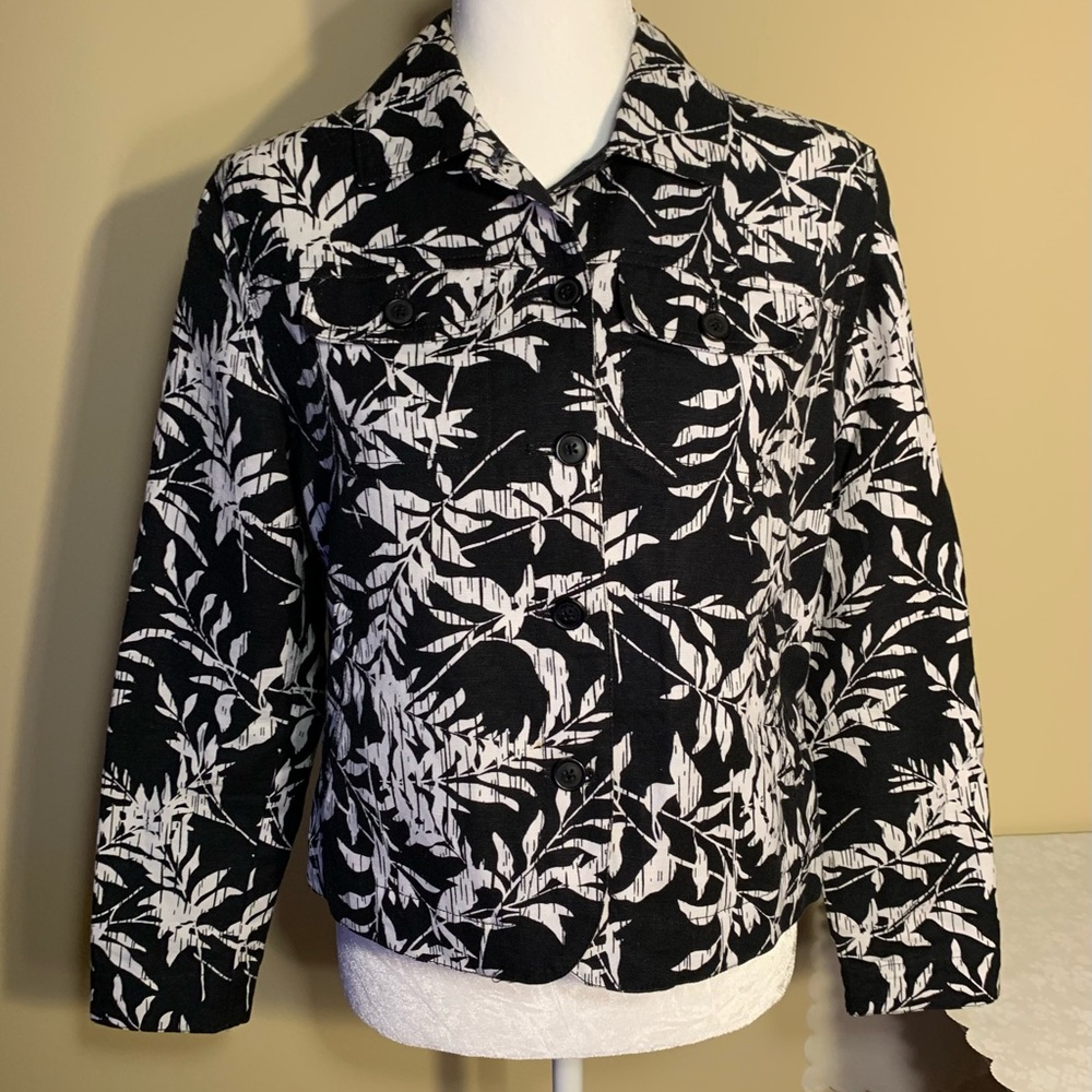 EUC Linen Jacket - Black/White Leaf Pattern, Jean-Jacket Style